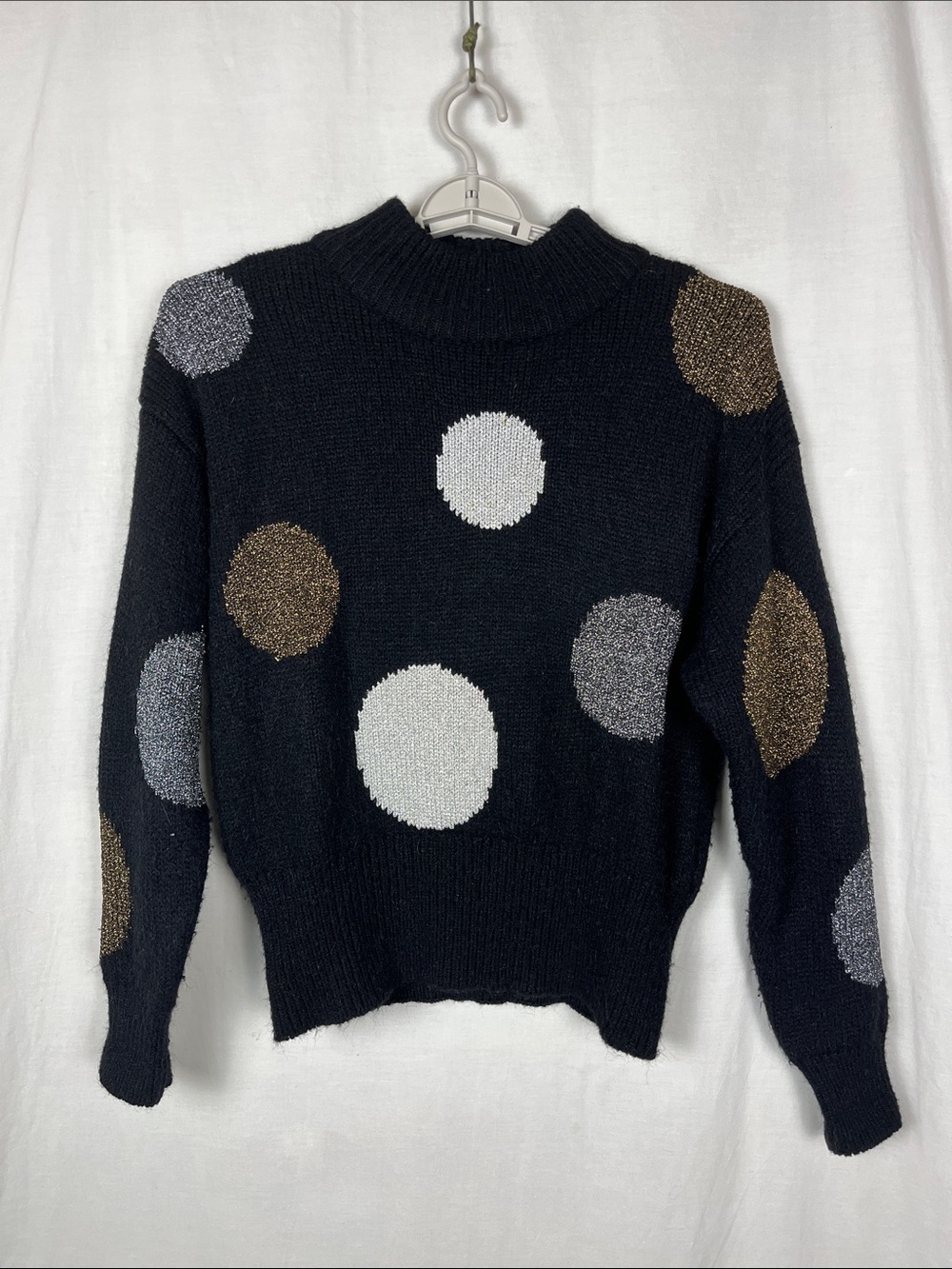 Liz Claiborne Collection 1980s Black Silver Gold Metallic Polka Dot Sweater